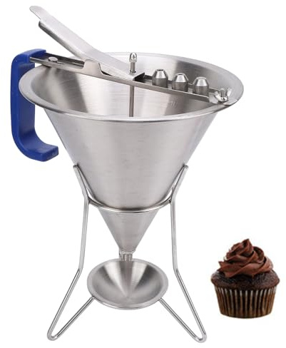 Jiawu Confectionery Funnels, Stainless Steel Funnel with Stand and 3 Nozzles, Commercial Grade Cake Decorating Tool Batter Funnels, Precise Dispensing and Filling for Home