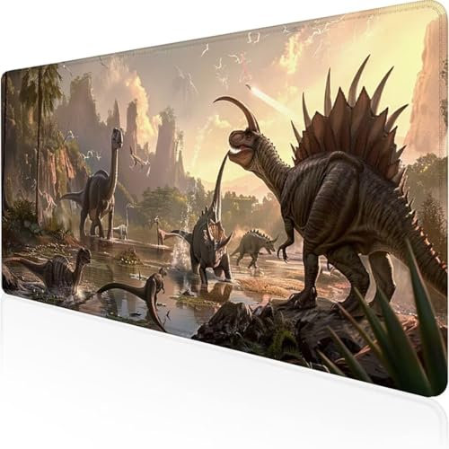 Alfombrilla Ratón XXL Gaming Tapete Escritorio Ordenador 800 x 300 x 3mm Protector Escritorio Alfombrilla Antideslizante, Mouse Pad Compatible con Ratón Láser y Óptico Atardecer Dinosaurio