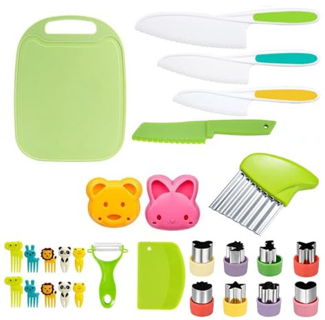 Juego de 28 cuchillos para niños a partir de 3 años, cuchillo de corte seguro para niños, tabla de cortar y pelador, etc. Juego de cocina infantil para cocinar de verdad para niños y niñas