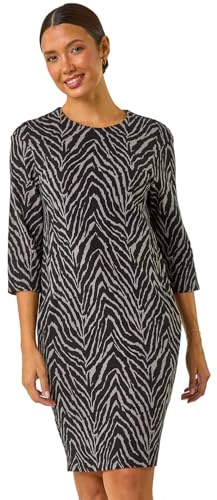 Roman Women Shift Dress with Pockets - Ladies Autumn Winter Tunic 3/4 Length Sleeve Knee Length Smart Casual Office Work Cocktail Party Round Neckline Comfy Soft - Grey Natural - Size 18
