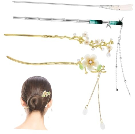 Ipetboom 4piezas Horquillas Chinas Vintage Borlas y Flores Palillos De Pelo Para Peinados Elegantes Accesorios Cabello Asiático Para Bodas y Ocasiones Especiales