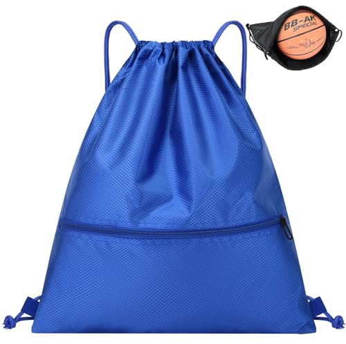 Drawstring Bags, Drawstring Gym Bag, Waterproof Oxford Cloth PE Bags with Mesh Pockets, School Girls Boys Backpack Swimming Bag with Outside Zipper, Sports Yoga Beach Football for Women Men(Blue)