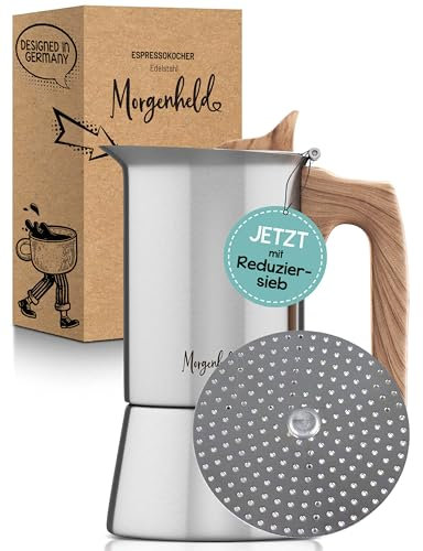 Morgenheld Espressokocher Edelstahl klein mit Reduziersieb 4 Tassen 200ml Mokkakanne Espressokanne induktionsgeeignet Espressomaker Induktion Espressomaschine Mokkakocher für Induktionsherd Gasherd