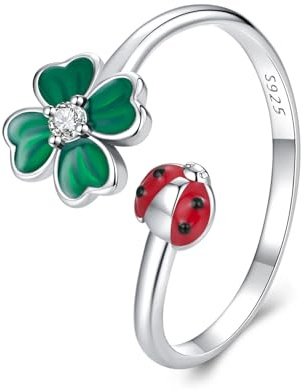 Qings Bague Abeille Libellule Papillon en Argent Sterling 925 Fleur Bague Trèfle à Quatre Feuilles Ouverte Réglable Cadeaux d'Anniversaire pour Femmes