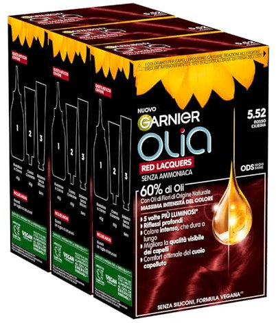 Garnier Olia Red Lacquers Permanente Haarfarbe, ohne Ammoniak, Färbung mit Blütenölen natürlichen Ursprungs mit aufhellender und pflegender Wirkung, Farbe 5,52, Kirschrot – 3 Packungen