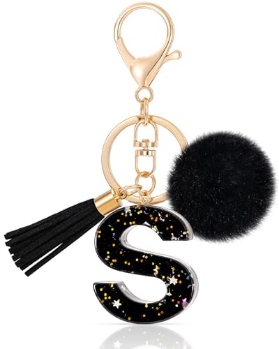 MWOOT Initiale Letter Keychains Porte Clé Lettre S,Porte-clés Étoile, Alphabet Initial Keyring avec Pompon Pendentif,Porte-clés Noir Key Ring pour Femmes Portefeuilles Bagages Charme (S)