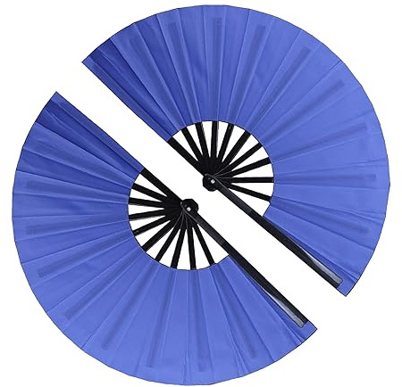Nogsay Handfächer,Faltfächer Bambus Oxford Kungfu Rave Fächer Groß,Faltbare Hand Fan Chinesische Japanese Deko Sommer Fecher für Hochzeit,Party,Tanz,Musikfestival,Leistung (Blau - 2 Stück)
