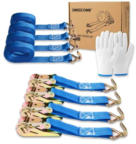 Ratchet Straps (4-Pack), 1 Inch x 16.4 Feet (2200lb Break Strength) with Sturdy Metal Hooks, 1x Work Gloves, Heavy Duty Tie Down Straps for Truck, Cargo Trailer, Motorcycle, Luggage, Moving (Blue)