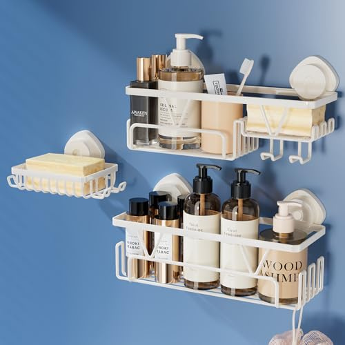 KEGII Suction Shower Caddy - Shower Storage Suction Cup Stainless Steel Bathroom Shelves with Soap Holder, Cream White Bathroom Caddy No Drilling
