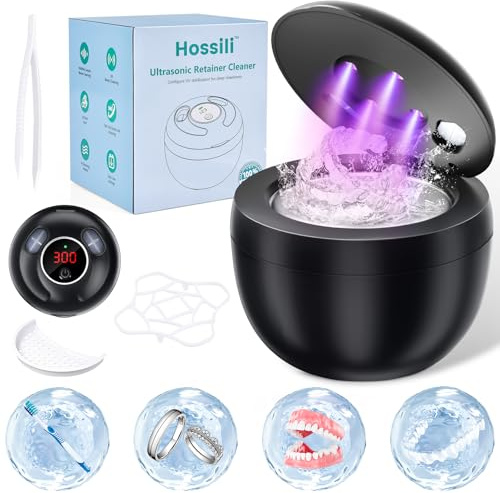 Hossili Ultrasonic Retainer Cleaner Machine, 200ML Ultrasonic Cleaning Pod with 4 Modes, Digital Timer for Denture Cleaner, Aligners, Mouth Guards, Braces, Jewelry & Toothbrush Heads