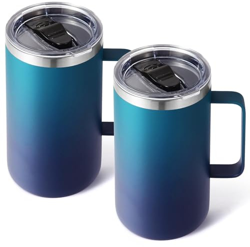 Volhoply 2-pack isolerade kaffekoppar i rostfritt stål med läckagesäkert lock, 22 oz, 2-pack, dubbelväggig vakuumisolerad resemugg med handtag, återanvändbar metallbehållare, campingmugg som håller