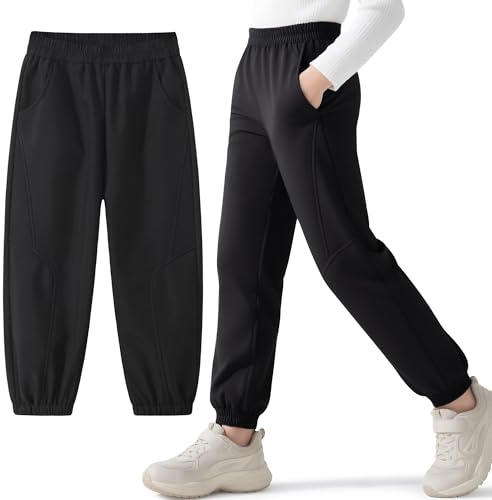 Hoseay Pantalon Randonnée Softshell Garcon, Thermique Imperméable Coupe-Vent Pantalons de Montagne, Doublé Polaire avec Poche Pantalon Automne Hiver pour Enfant Junior 13-14 Ans, Noir Pur