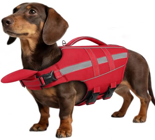 ASENKU Dog Life Jacket, High-Buoyancy Life Vest with Removable Front Float, Rescue Handle and Reflective Strips, Adjustable Swim Vest for Boating, Swimming, Beach(Red M)