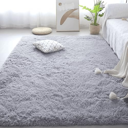 DYINDUN Flauschiger Hochflor Teppich 150 x 300 cm Superweich Flauschig Büro Klein Tepich Waschbar Und rutschfest Fürs Wohnzimmer, Kinderzimmer, Schlafzimmer Und Die Küche Geeignet, Hellgrau