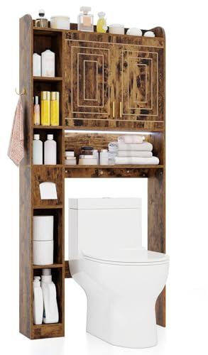 COSTWAY Mueble sobre Inodoro, Armario Independiente para Lavadora con Armario de 2 Puertas, 6 Compartimentos, Caja para Pañuelos, Gancho y Estante Ajustable, Estanterias Alta de Almacenaje (Café)