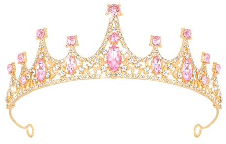 Exipsat Rosa Kristall Tiara Goldene Krone Prinzessin Haarschmuck für Hochzeit Party Geburtstag