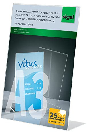 SIGEL Tischaufsteller A3 schräg aus Acryl, UV-beständig | TA213, hochwertiges glasklares Acryl, garantiert UV-beständig, Werbeaufsteller