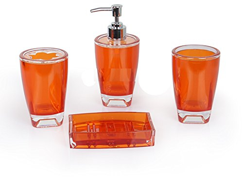 Fingey Modern Design 4 Piece Bathroom Accessory Set, Soap Dish, Tooth Brush Holder, Soap Dispenser, Rinse Cup (Orange)
