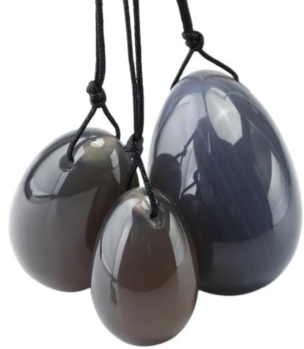 mookaitedecor Grauer Achat Yoni Eier Set mit 3 Größen Kleine | Poliert Kristall Yoni Ei Pearls Kugeln, Massage Steine Kegel Edelstein für Frauen Beckenbodentraining
