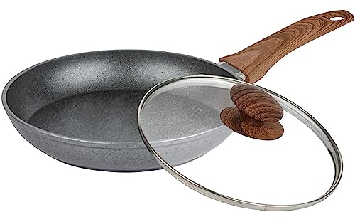 AEX Padella antiaderente in rame con manici in legno, adatta per piani cottura a induzione, elettrici e a gas, padella in pietra, padelle antigraffio (24 cm con coperchio)