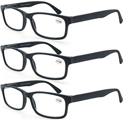 MODFANS läsglasögon män kvinnor 3-pack, rektangulära klara linser bekväma vårgångjärn glasögon, snygga lätta plastläsare med påse svart-blå-röd