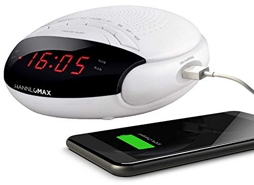HANNLOMAX HX-200 Alarm Clock Radio, PLL FM Radio, with Preset Stations, Dual Alarm, 0.6 Red LED Display, USB Port for 1A Charging, Memory Backup, AC Power Operation only. (White)