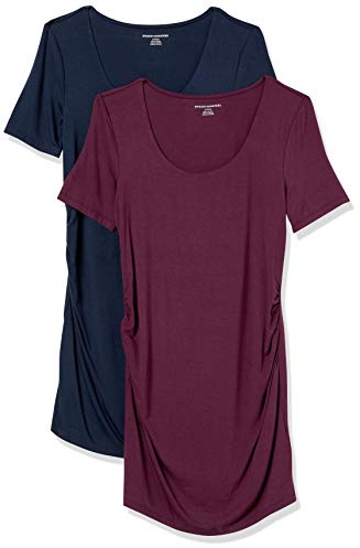 Amazon Essentials Camiseta de Cuello Redondo Fruncido de Manga Corta de Maternidad Mujer, Pack de 2, Burdeos/Azul Marino, L