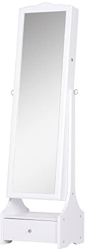 HOMCOM Espejo Joyero con Luces LED, Armario para Joyas, Armario Joyero con Espejo Entero de Ángulo Ajustable, Cajones, Mesa Interior Plegable, Cerradura, Luces Apagado Automático, Blanco y Forro Negro