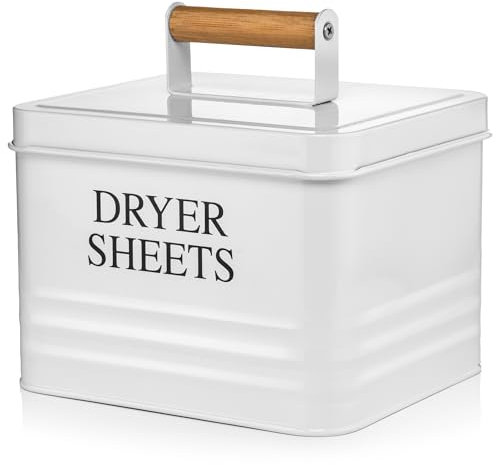 Calindiana Modern Farmhouse Metal Laundry Dryer Sheets Holder Fabric Softener Dispenser with Lid for Laundry Room Decor and Accessories and Space Saving Laundry Organization and Storage, White
