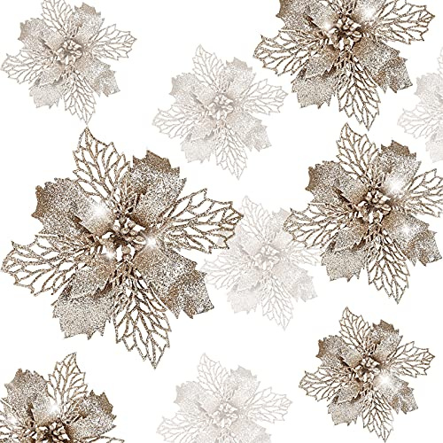 GWHOLE 21 Stück Weihnachtsblume Weihnachtsbaumschmuck Blume Künstliche Blüte Glitzer Christbaumschmuck Champagner Weihnachten
