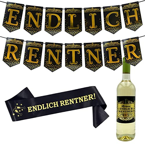 Oblique Unique® Endlich Rentner Deko Set - Girlande + Schärpe + Flaschenetikett Dekoration für Ruhestand Rente Pensionierung Männer Schwarz Gold