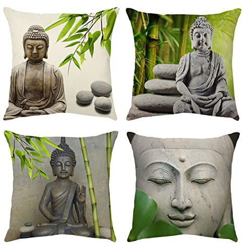 OCEUMACO Leinen Kissenbezug 40x40 Zen Orientalisch Buddha Kissenhülle 4er Set Quadratisch Sofakissen Dekokissen Bezug für Couch Sofa Yoga Kissen Kissenbezüge Outdoor Deko Zierkissen Couchkissen