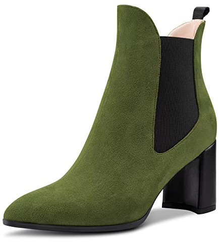 HDEUOLM Donna Medio Chunky Blocco Tacco Heel Chiusa a Punta Stivaletti Slip-on 7.5 CM Heels Classico Scarpe Verde D 40 EU