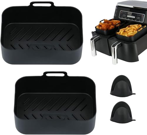 AIR FRIEND 2PCS Air Fryer Silicone Pot Basket For Ninja Dual Air Fryer + 2PCS Heat Protective Gloves | Air fryers Dual Basket | Silicone Air Fryer Liner For Air Fryer, Microwave And Oven | Black