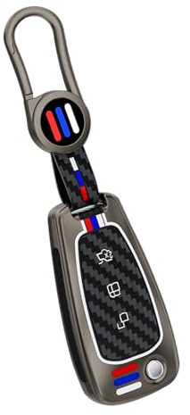 Yumzeco Zink Legierung Autoschlüssel Hülle Cover, 3-Tasten Auto Schlüsselhülle Cover Kompatibel mit Ford Focus Fiesta Kuga Custom Transit,Silicone TPU Kohlefaser-Muster Smartkey Schutzhülle Grau