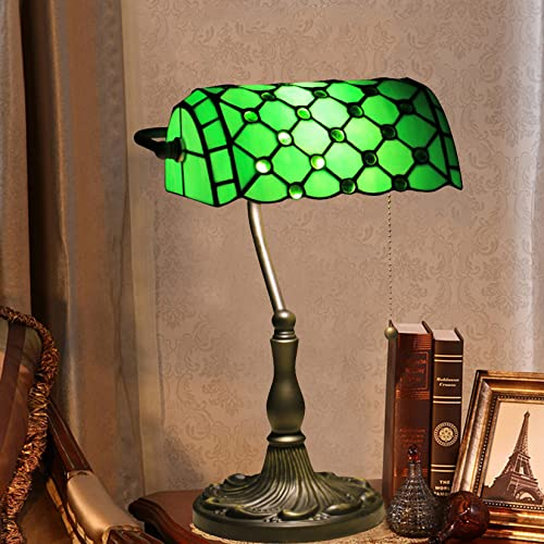AIBOTY Green Bankers Lampe Vintage Tischlampe Retro Schreibtischleuchte Tiffany Buntglas Büro Schreibtischlampe Kristallperlen Lampe Wohnzimmer Schlafzimmer Nachttisch Lesen Klavier Lampe,A