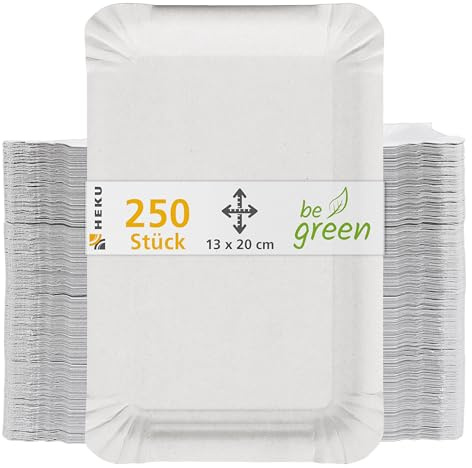 HEKU be green Einweg-Pappteller, 250 Stück, 13 x 20 cm I Kompostierbar und Umweltfreundlich I Ideal für Verschiedene Anlässe I Ohne Beschichtung I 100% Frischfaser