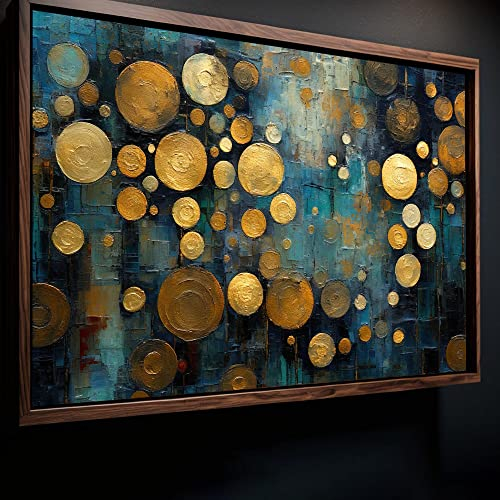 Dekomundo Strukturierte Kreise in Blau und Gold als Kunstdruck, Leinwandbild oder Bild mit Rahmen, Leinwandbild mit Schattenfugenrahmen, 75x100 cm