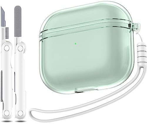 MHYALUDO Kompatibel mit Airpods 3 Hülle, Kompatibel mit Airpods 3 Generation 2021, klares, weiches, stoßfestes Etui mit Reinigungsstift mit Umhängeband, Grün