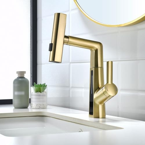 BEITH Wasserfall Waschtischarmatur, 3 Modi Mischbatterie Bad Modern mit LED-Digitalanzeige, Ausziehbar, Drehbar, Höhenverstellbar, Mischbatterie Waschbecken Einhebel, 59A Messing, für Badezimmer