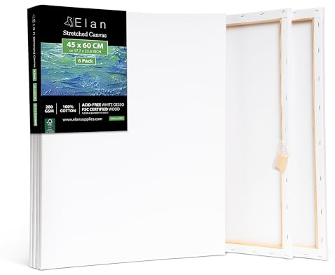 Elan Keilrahmen Leinwand 45x60, 6er Set Leinwände zum Bemalen 280g/m² | 6er-Set 45x60 CM, 100% Baumwolle Leinwand zum Bemalen, Säurefrei, Dreifach Grundiert für Acrylfarben, Gouachefarben