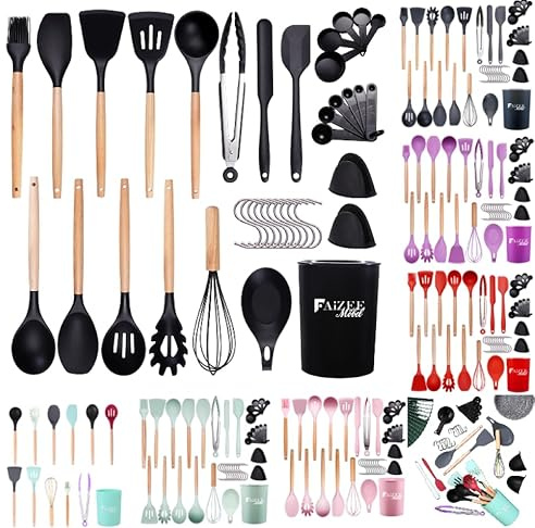 Faizee Möbel Küchenhelfer Set 38 tlg. – Silikon Kochbesteck mit Holzgriff, hitzebeständig & antihaft, Küchenutensilien Set in verschiedenen Farben, langlebig & hochwertig, Schwarz