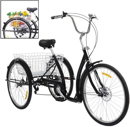 Taozhiyy Tricycle pour adulte 26, 6 vitesses, 3 roues, avec panier à provisions, vélo de ville, pour hommes, femmes et personnes âgées, en plein air (noir)