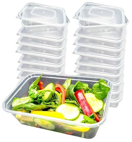 Lot de 20 récipients alimentaires en plastique avec couvercles, passent au micro-ondes, au congélateur et au lave-vaisselle, transparents et durables, 650 ml