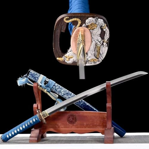 KWXPW Echtes Samurai-Schwert,traditioneller Schmiedeprozess,T10-Stahl Klinge,geschnitzter Handschutz aus reinem Kupfer,78cm kurzes Katana zur Selbstverteidigung,Cosplay,Kampfsport,Geschenke,Sammeln