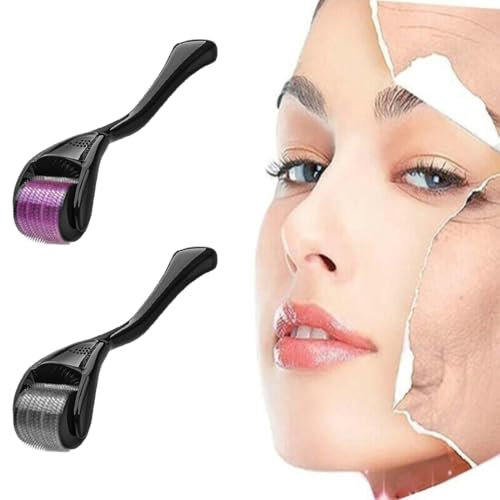 SGERUFZ 2 Pcs Derma Roller 0.5mm Microneedling Visage Rouleau de Bar pour Hommes Femmes Réduit la chute des cheveux Soins de la peau Corps Anti-rides Anti-âge Noir violet