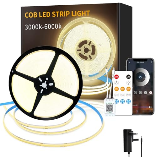 Yeewhale COB LED Strip Lights 3000K 20M 24V Dimmable Warm White LED Strip Kit, with Remote and app Control and UKCA Power Supply LED Tape Lights for DIY Home Decoration