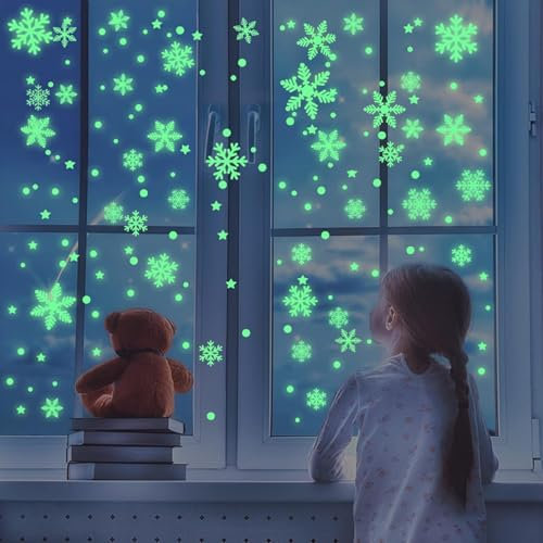 Viojrlly 128 Stück Fensterbilder Weihnachten, Fluoreszierend Weihnachtsdeko Christmas Decoration, Schneeflocken Deko Weihnachten Aufkleber Haftende PVC Schneeflocken Aufkleber Fenster Aufkleber (E)