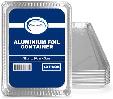 CaterCo Aluminium Foil Trays for Baking - 32cm x 20cm x 3cm - 10 Pack - Multi-Use Disposable Tin Containers for Cooking, Roasting, Baking Cake Pan, Food Storage, Oven Freezer Microwave Safe - 10 Pack