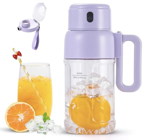 Mixido Licuadora portátil para batidos, tamaño personal, mini batido de proteínas pequeño de 34 onzas, inalámbrica y sin BPA, con tapa para sorber con cordón a prueba de fugas (morado)